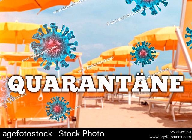 summer vacation concept with corona virus. quarantined before or after vacation. empty beach chairs and umbrellas on the beach