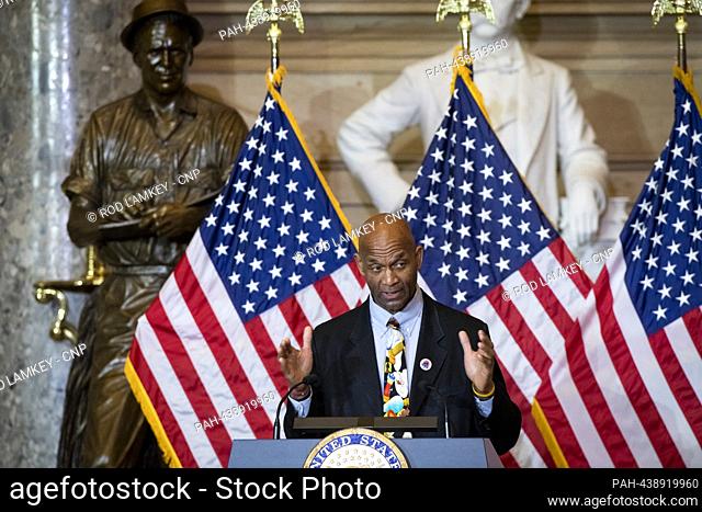 Larry Doby, Jr., talks about his dad Larry Doby, during a Congressional Gold Medal Ceremony honoring Larry Doby in Statuary Hall of the United States Capitol in...
