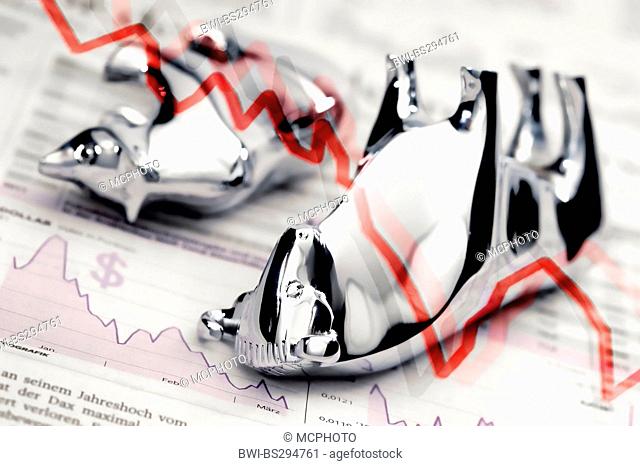 symbol picture 'stock market crash': bull and bear putting their feet up with a chart flow on them pointing downwards