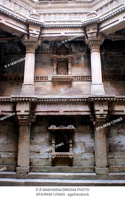 Intricate stone carving in Wav baoli well built Queen Rudabai 1498 at Adalaj 19 km Ahmedabad ; Gujarat ; India