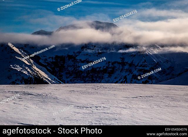 Snowy winter French Alps, ski resort Flaine, Grand Massif area within sight of Mont Blanc, Haute Savoie, France