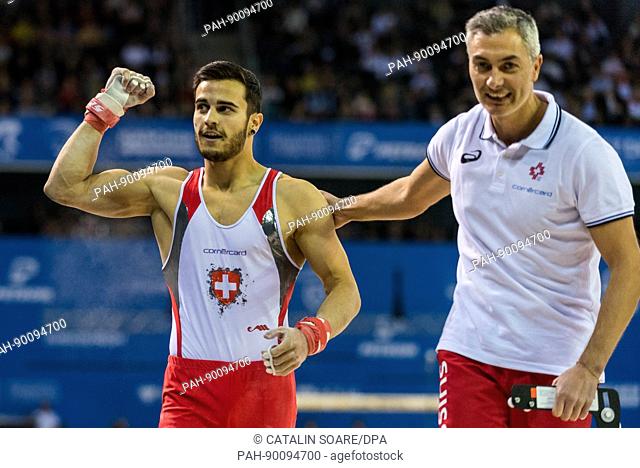Pablo Braegger (SUI) after his performance on the horizontal bar during the Men's Apparatus Finals at the European Men's and Women's Artistic Gymnastics...
