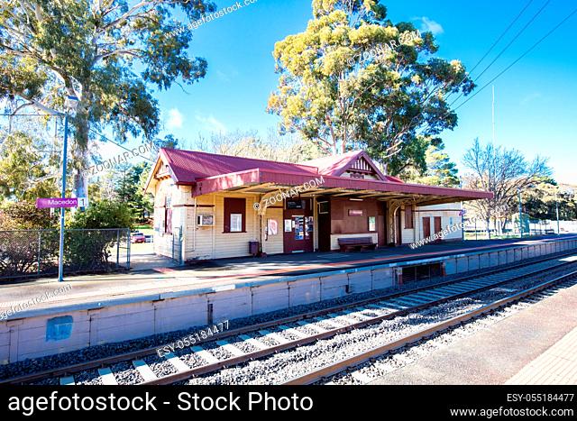 Macedon, Australia - July 8 2019: Macedon railway station on a sunny winter's day in Victoria, Australia