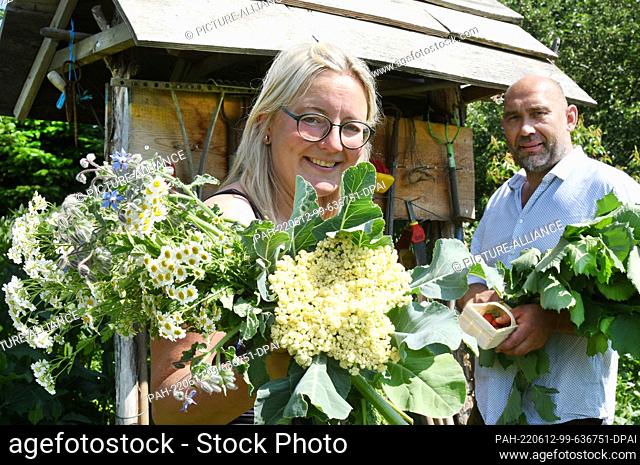 12 June 2022, Saxony, Taucha Bei Leipzig: For the Open Garden Day, sociologist and herb educator Antje Thiel and her life partner