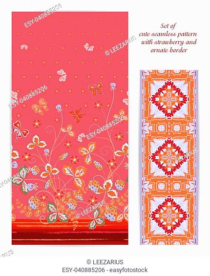 Set of seamless vector vertical pattern with Decorative red strawberry and butterfly ornament and ornate border. Hand drawn texture for clothes, bedclothes