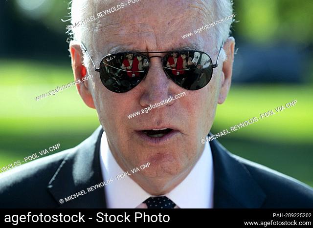US President Joe Biden speaks to members of the news media on the topic of gun rights in the United States and aid to Ukraine, after returning from Delaware