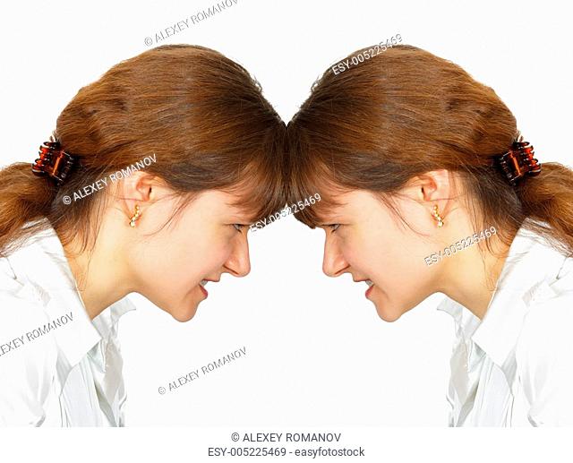 Woman facing her forehead with herself