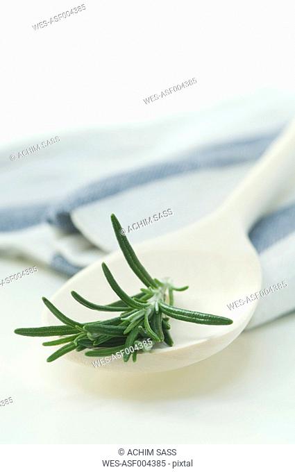 Wooden spoon with rosemary on white background, close up