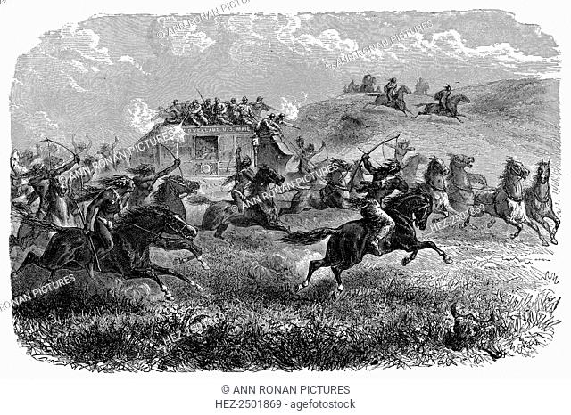 US Overland Mail coach, operated by Wells Fargo, attacked by Native American Indians, 1867. Wood engraving