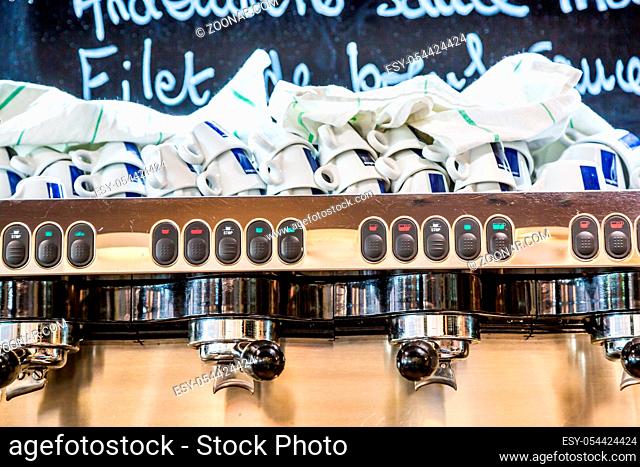 La defense, France - July 17, 2016: inside view on percolator of big traditional french restaurant in la defense city, the greatest business center in france...