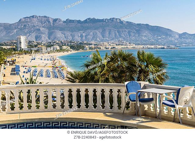 View of a chair in a terrace of Albir beach, Alicante, Spain