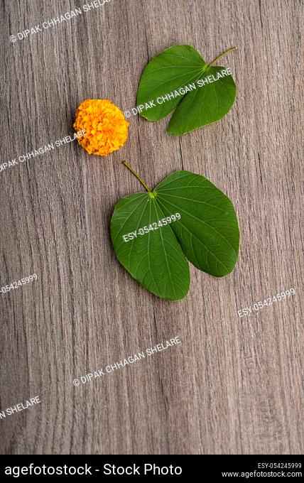Indian Festival Dussehra, showing golden leaf (Bauhinia racemosa) and marigold flowers on a wooden background