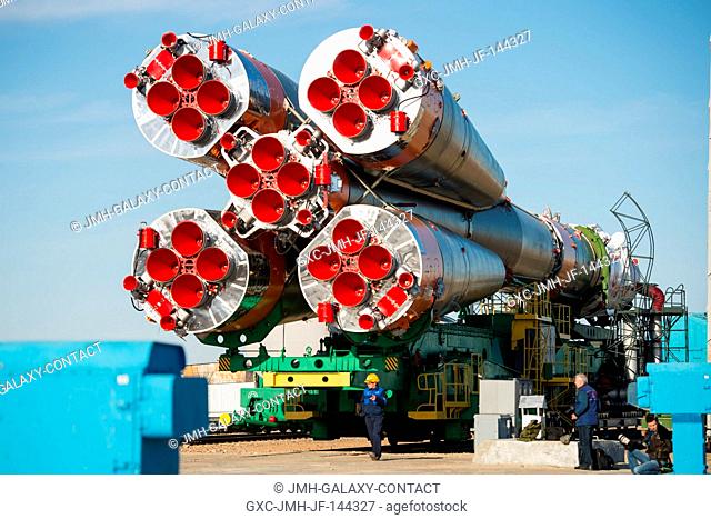 The Soyuz MS-04 spacecraft is rolled out to the launch pad by train on Monday, April 17, 2017 at the Baikonur Cosmodrome in Kazakhstan