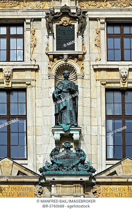 Sculpture of Maximilian II on the facade of the Bavarian National Museum, Munich, Upper Bavaria, Bavaria, Germany