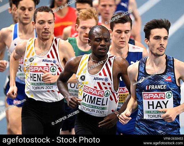 Belgian Robin Hendrix and Belgian Isaac Kimeli pictured in action during the men 3000m final at the European Athletics Indoor Championships, in Torun, Poland