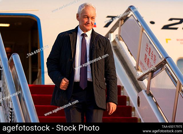 CHINA, BEIJING - NOVEMBER 20, 2023: Russia's First Deputy Prime Minister Andrei Belousov steps off the plane on arrival at an airport