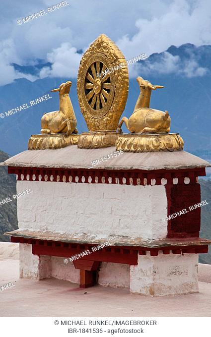 Buddhist roof ornaments, Drepung Temple, Lhasa, Tibet, Asia