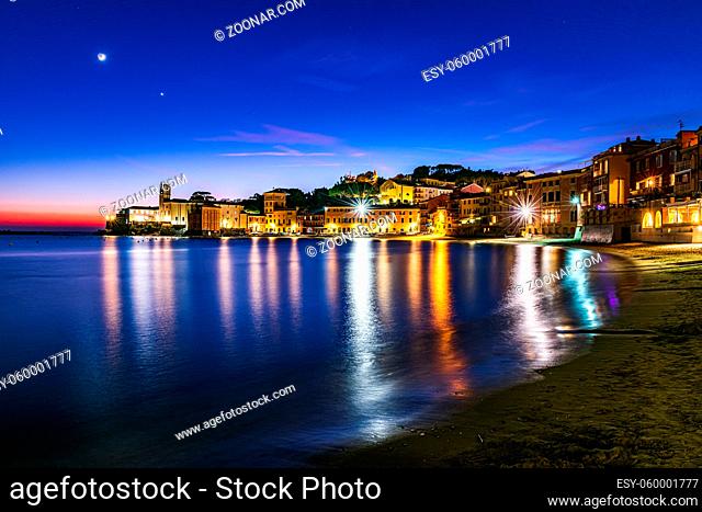 Nocturnal view of the old town of Sestri Levante in the Italian Riviera