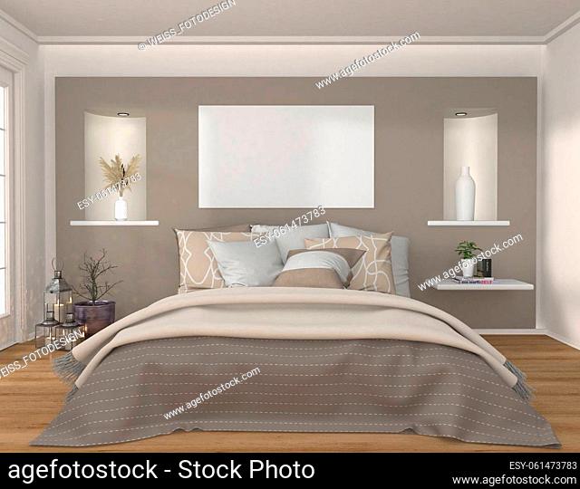 mock up Poster on the wall in modern Bedroom, 3D rendering, 3D illustration