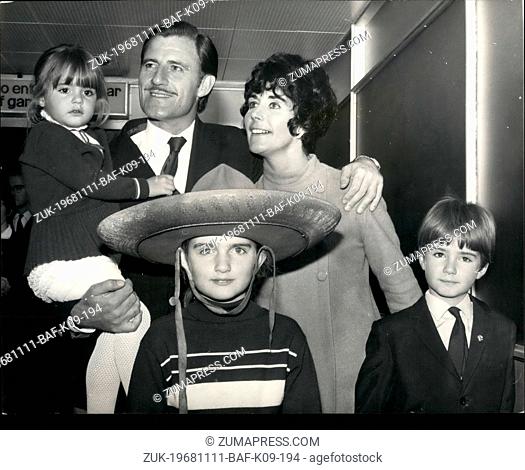 Nov. 11, 1968 - Graham Hill Back from Winning the Mexican Grand Prix.: Racing driver Graham Hill arrived at London Airport today from Mexico City