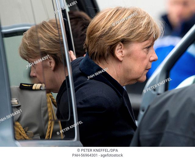 German Chancellor Angela Merkel gets out of a car to attend a press conference on the crash of a Germanwings flight in Seyne Les Alpes, France, 25 March 2015