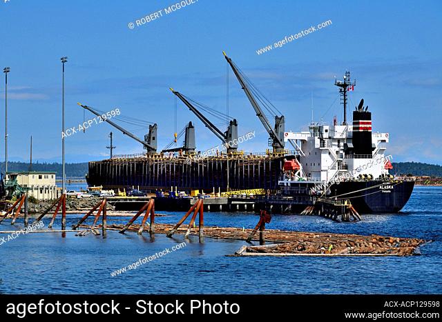 An ocean going ship being loaded with raw logs for transport at Crofton on Vancouver Island, British Columbia, Canada