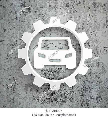 Infographic with white arrows, gear and car on the concrete background