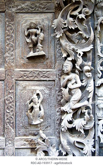 Carved teak figures, Monastery Shwe In Bin Kyaung, Mandalay, Burma, Myanmar