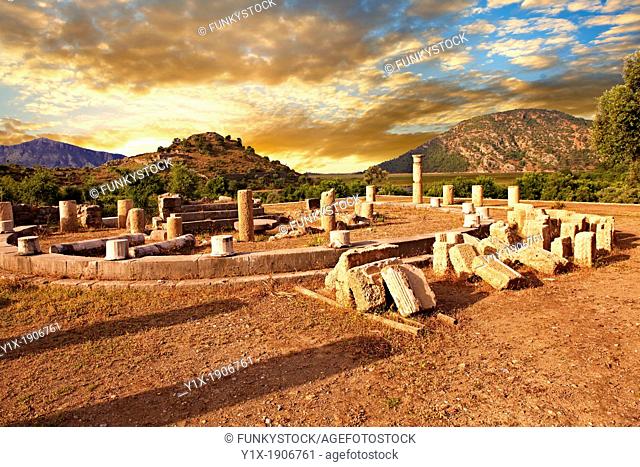 The 1st cent B C Terrace Temple dedicated to Zeus Soteros and round sanctuary dating back to the 5th cent B C and dedicated to the god King Basileus Kaunios