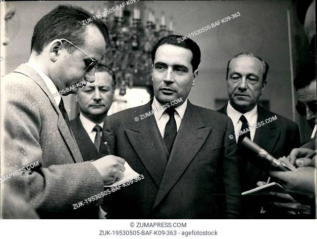 May 05, 1953 - French Cabinet Crisis: M. Francois Mitterand (centre) leader of one of the Political groups, who has consulted by President Muriol this morning