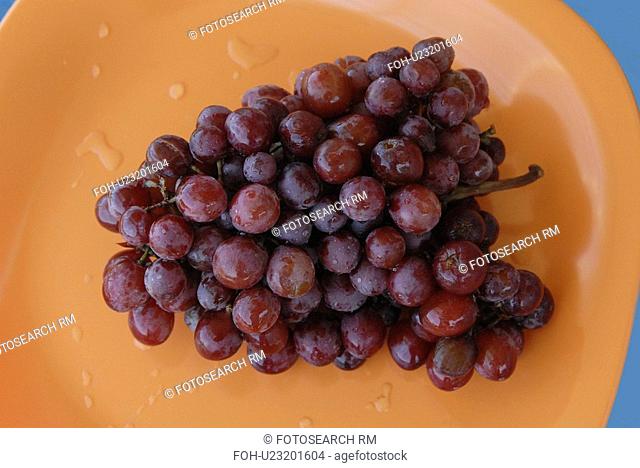 blue, grapes, plate, orange, red, bunch