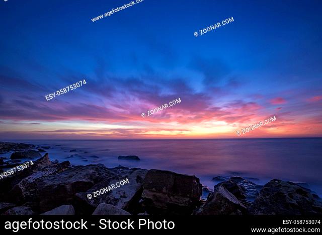 Seascape during sunrise. Beautiful natural seascape, blue hour. Sea sunrise at the Black Sea coast