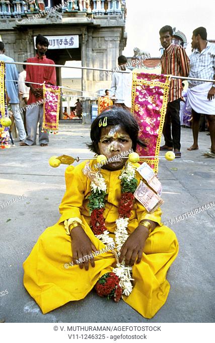 Children with spear, iron rod through cheeks , Mariamman festival at Coimbatore, Tamil Nadu, India