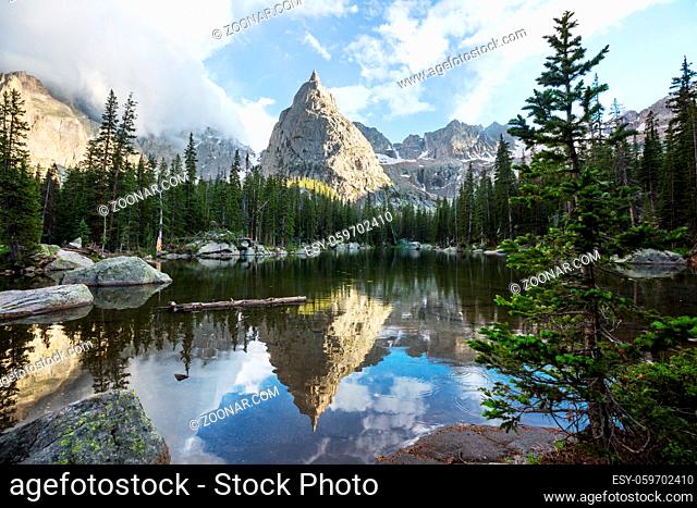 Serenity lake in the mountains in summer season. Beautiful natural landscapes