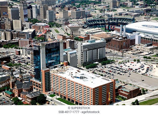 Aerial of the Greektown Casino with Comerica Park in the Background