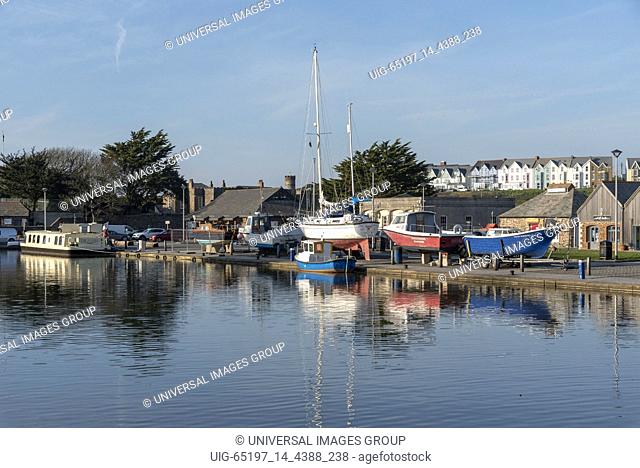 Bude, North Cornwall, England, UK. February 2019. Bude Canal with boats on the wharf, out of the water for winter