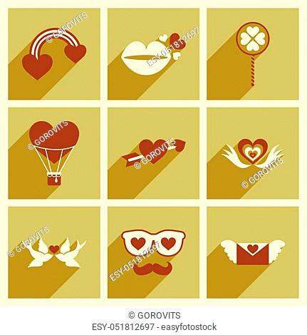 Set of flat web icons with long shadow Valentine's Day