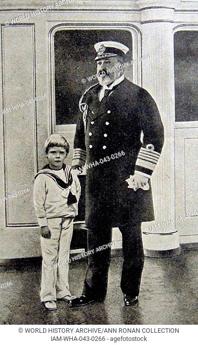 Photograph of King Edward VII(1841 - 1910) and a six year old Prince Edward (King Edward VIII) (1894 - 1972) taken onboard the Royal yatch. Dated 1900