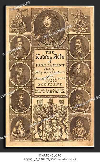 James Clark (British, active 1710-1720), Frontispiece to ""The Laws and Acts of Parliament Made by King James I"", engraving