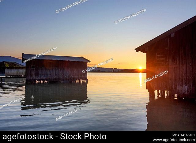 kochel am see, kochelsee (lake kochel), sunset, fishing huts in upper bavaria, bavaria, germany