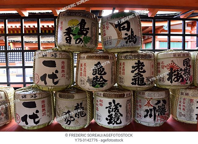 Traditional sake barrels at Itsukushima Shrine on Miyajima island, Japan, Asia
