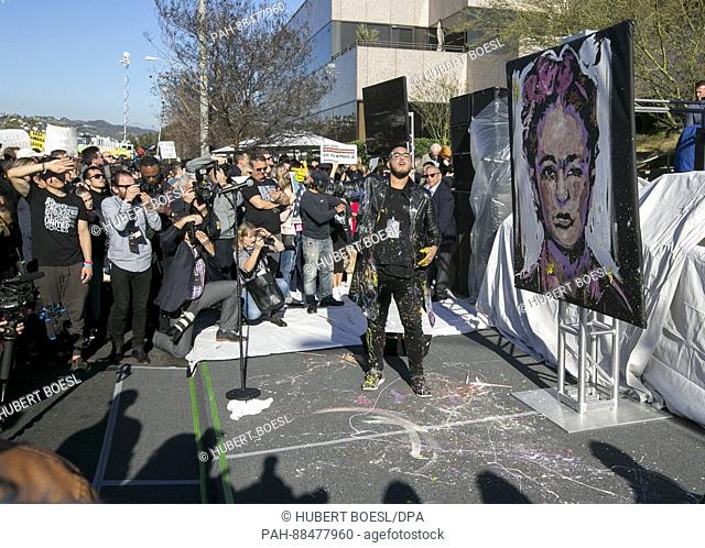 Action Painter David Garibaldi performs at United Talent Agency's United Voices Rally against Donald Trump's politics at UTA Plaza in Beverly Hills