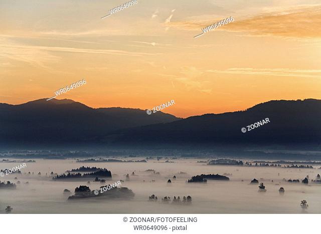 Sonnenaufgang im Murnauer Moos, Alpen, Kochelsee, Murnau, Bayerisches Voralpenland, Bayern, Deutschland, Europa, sunrise in Munauer Moos, Alps, pre-alps