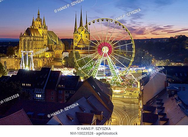 View over Erfurt with Ferris wheel, Cathedral and St. Severi Church at Oktoberfest, Thuringia, Germany