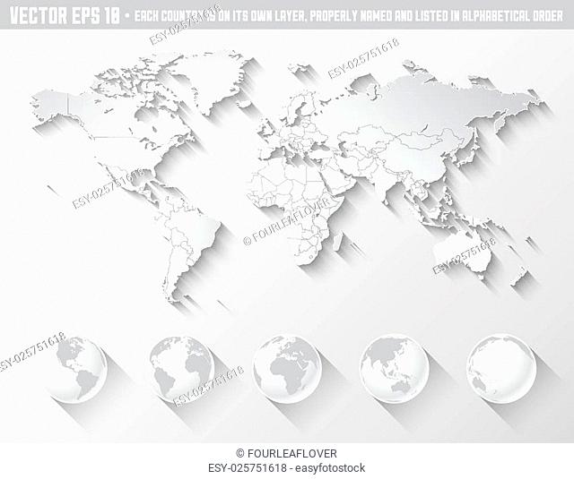 An high quality world map in tones of grey with a cool flat shaded Shadow