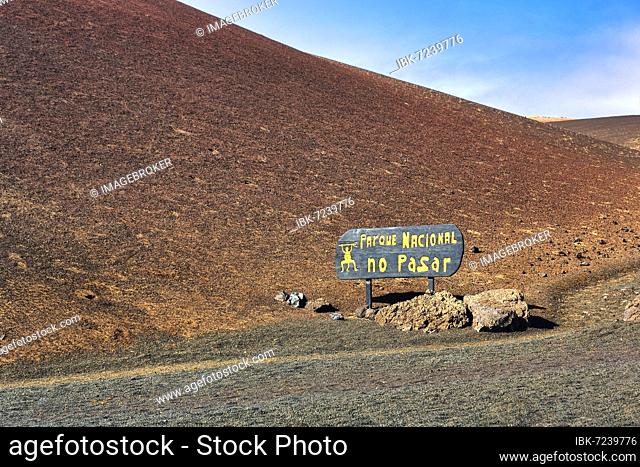 Sign saying National Park, No Trespassing, Stony Landscape without Vegetation, Timanfaya National Park, Lanzarote, Spain, Europe