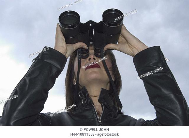 agent, binoculars, black, field glasses, leather, leather jacket, Lifestyle, outside, peer, portrait, spy, standing