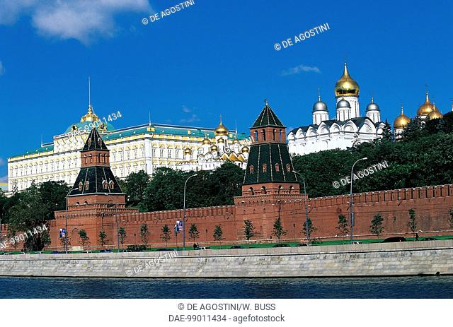 Towers and walls of the Kremlin, Ivan the Great bell tower, Cathedral of the Annunciation and Grand Palace, view from the Moskva River