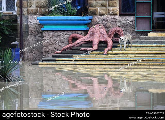 RUSSIA, SOCHI - JUNE 14, 2023: An octopus statue is seen at the entrance to an aquarium building in a flooded street in Matsesta neighbourhood of the Black Sea...