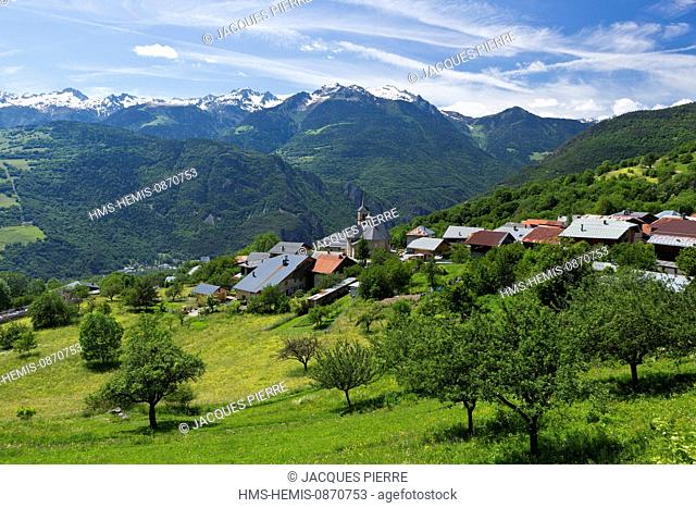 France, Savoie, Tarentaise Valley, Aigueblanche, 17th century Baroque church of St Martin in Villargerel hamlet, view on the Massif du Beaufortain and the...